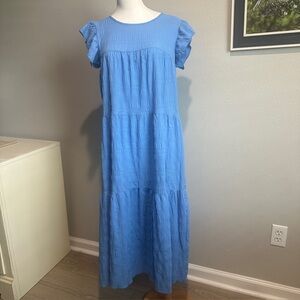 SHEIN Blue Tiered Plisse Ruffle Sleeve Long Sundress w Tie Back sz M